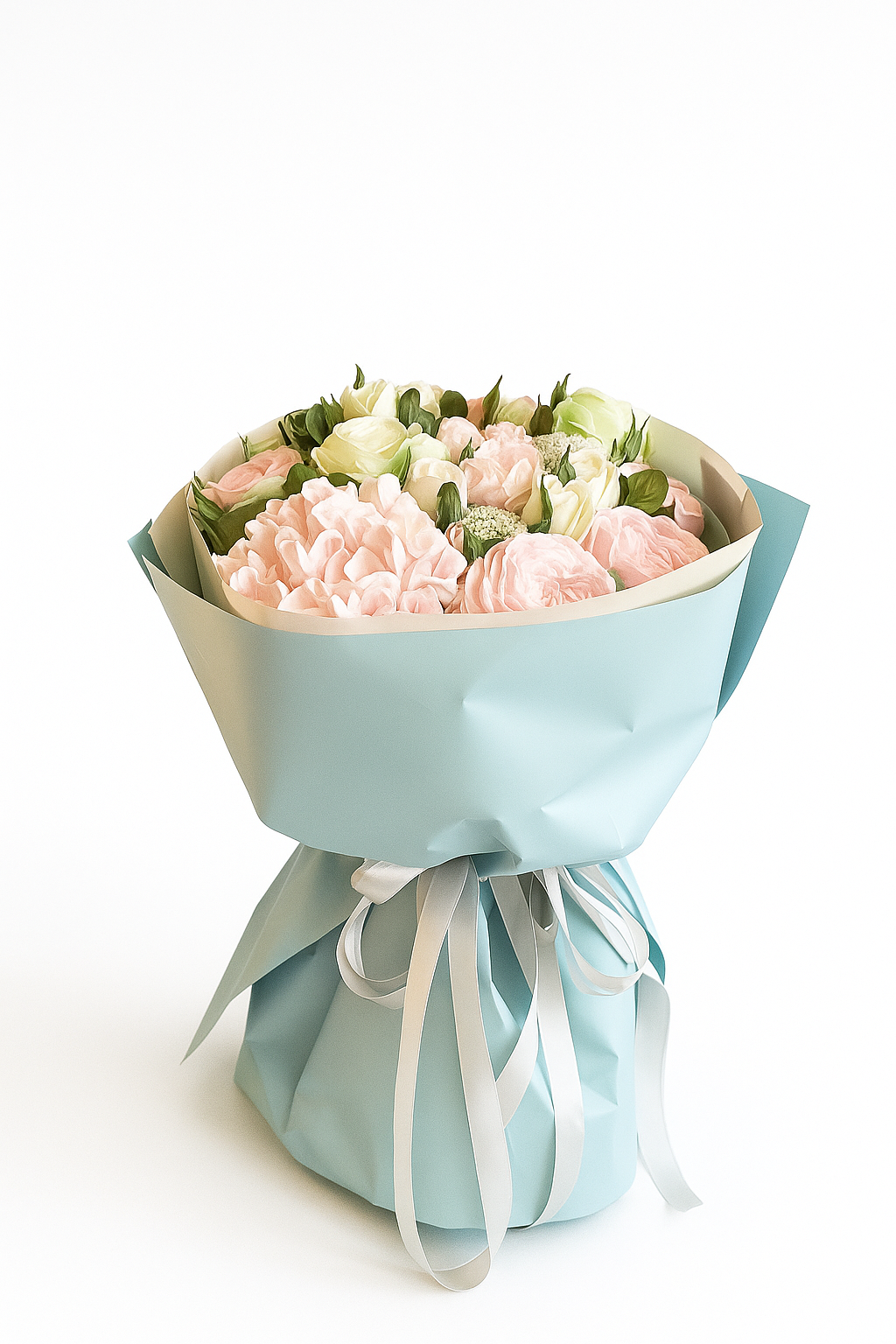 Buchet pastel din flori de marshmallow roz și alb
