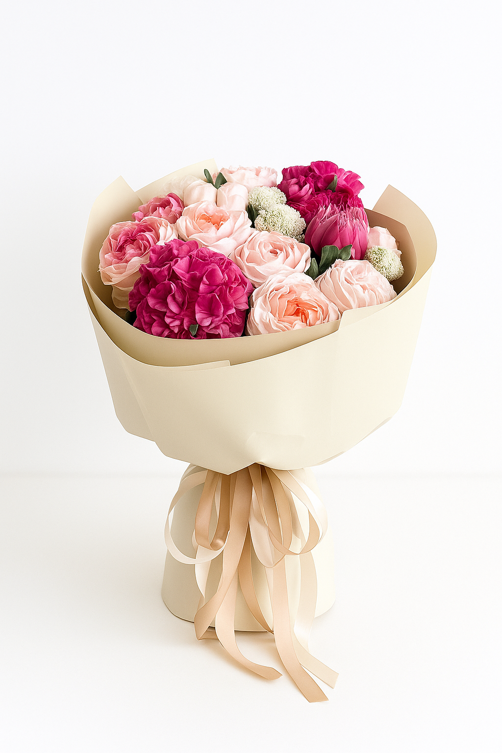 Buchet dulce din flori de marshmallow roz și fucsia