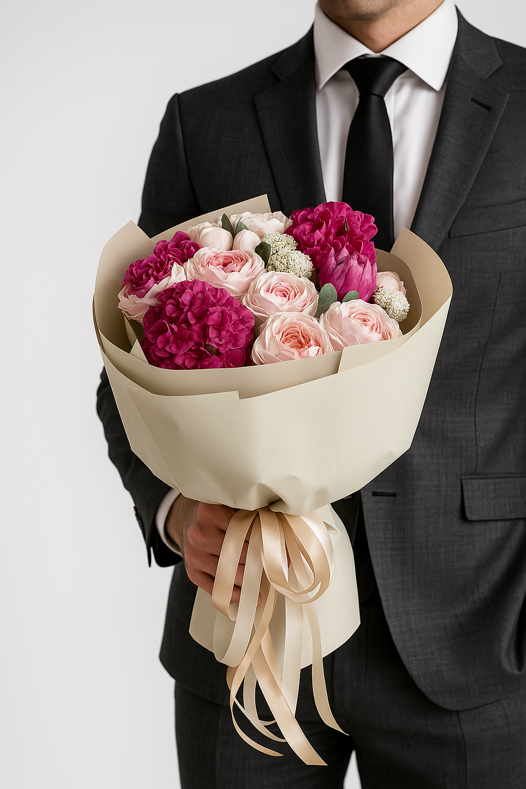 Buchet dulce din flori de marshmallow roz și fucsia