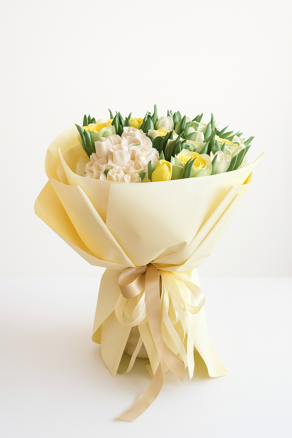 Buchet dulce din flori de marshmallow alb și galben