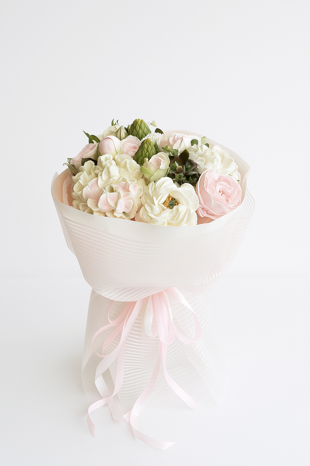 Buchet dulce din flori de marshmallow alb și roz pal