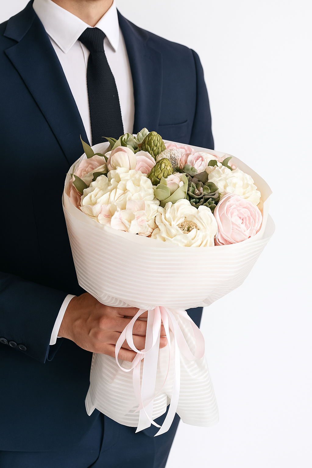 Buchet dulce din flori de marshmallow alb și roz pal