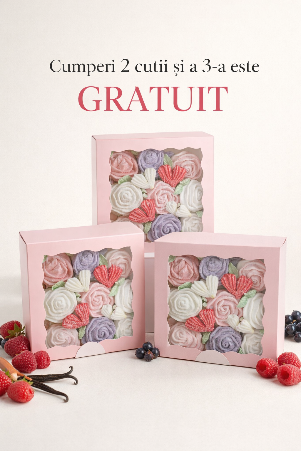 Cutii cu trandafiri din marshmallow - Cumperi 2 cutii, a 3-a este GRATIS
