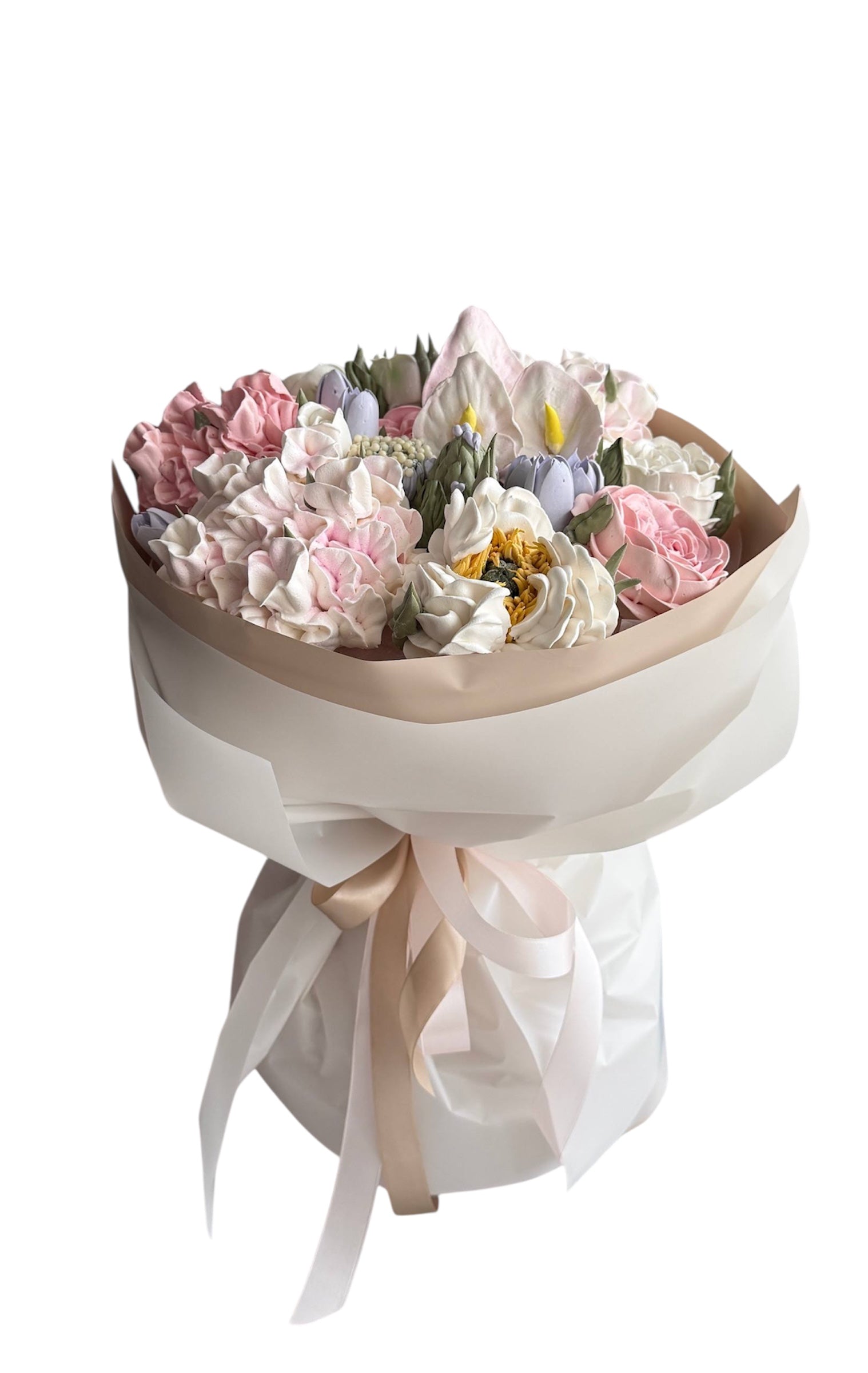 Buchet comestibil din flori de marshmallow roz pal