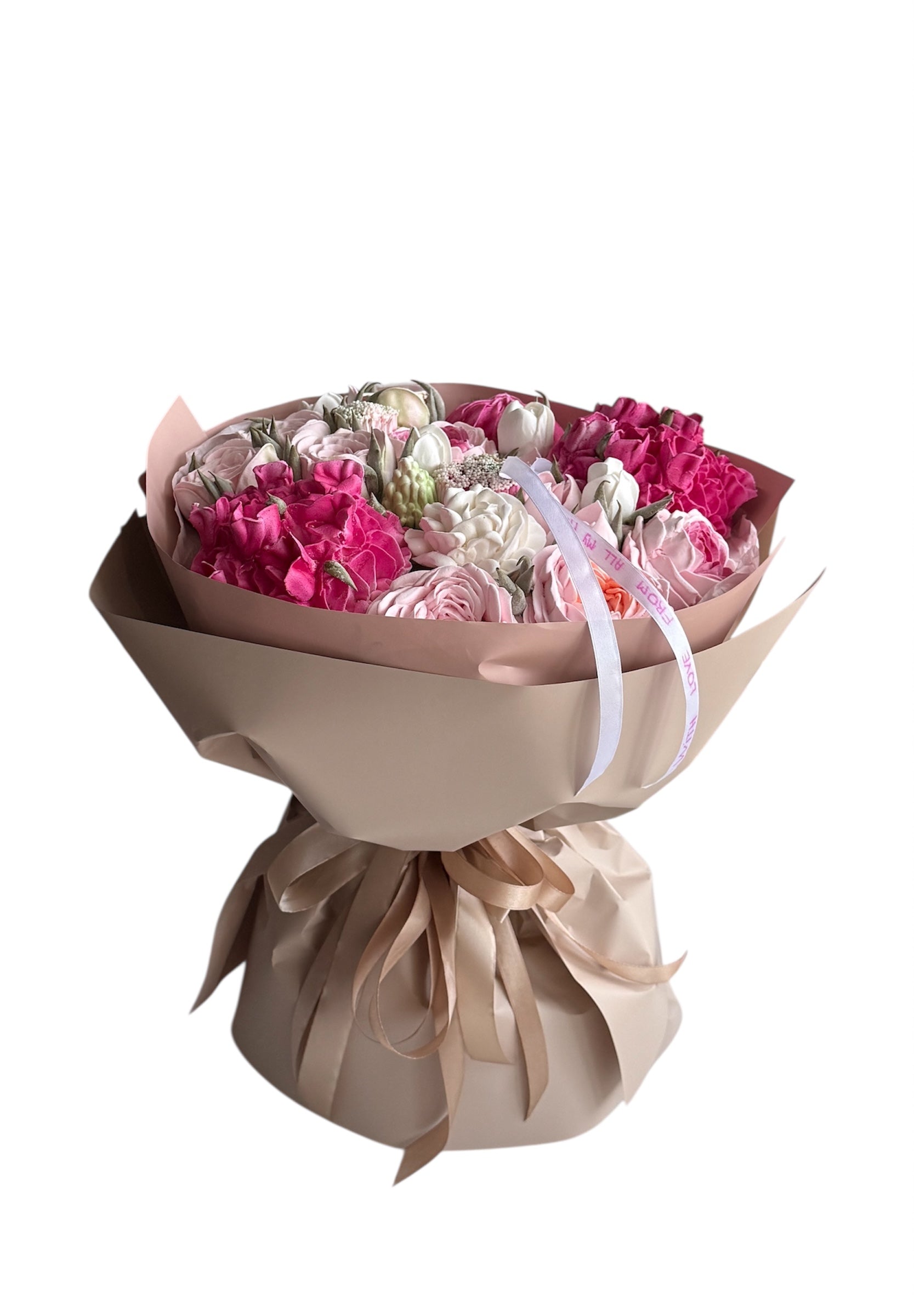 Buchet dulce din flori de marshmallow roz și fucsia