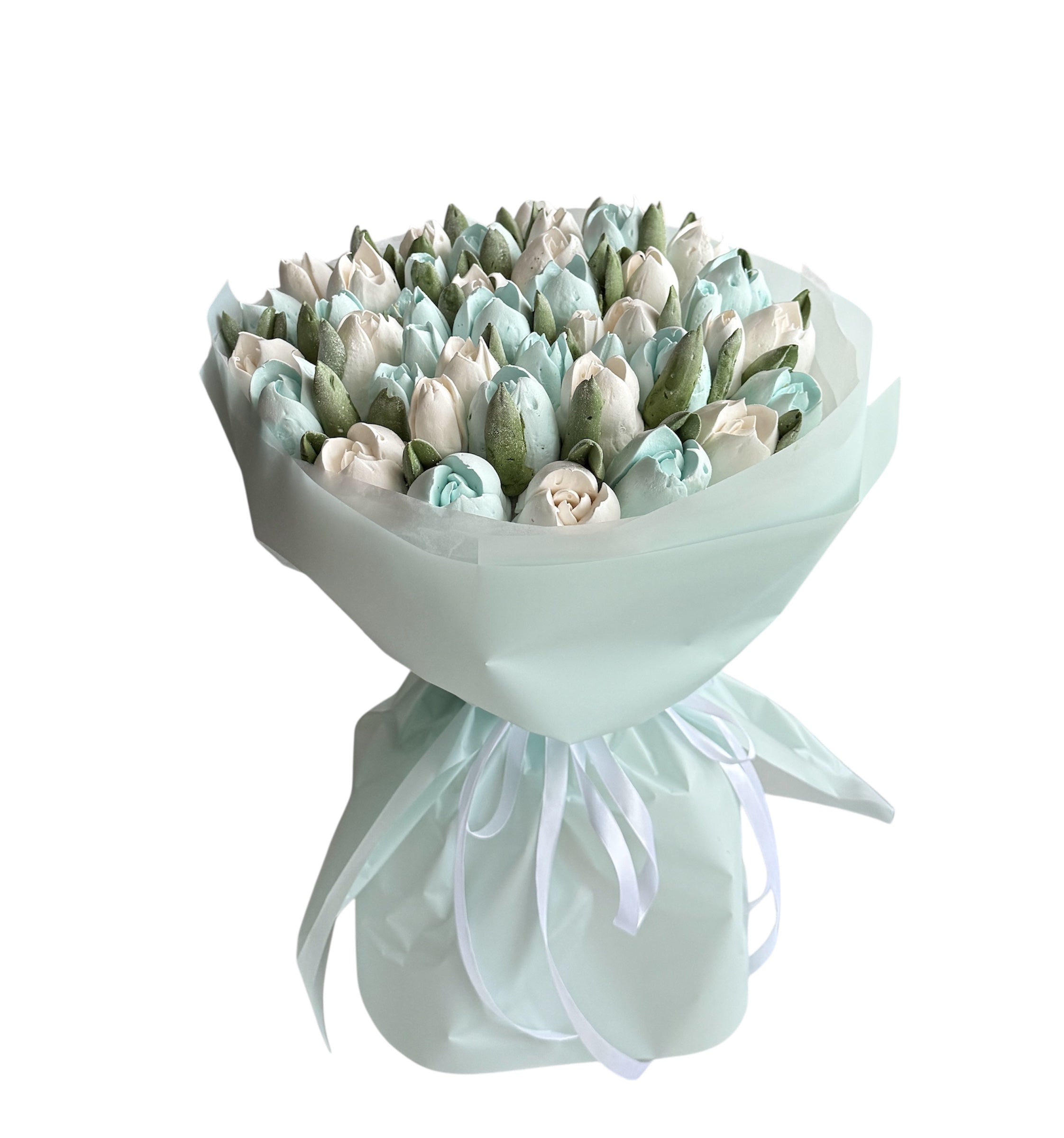Buchet dulce din flori de marshmallow alb și bleu