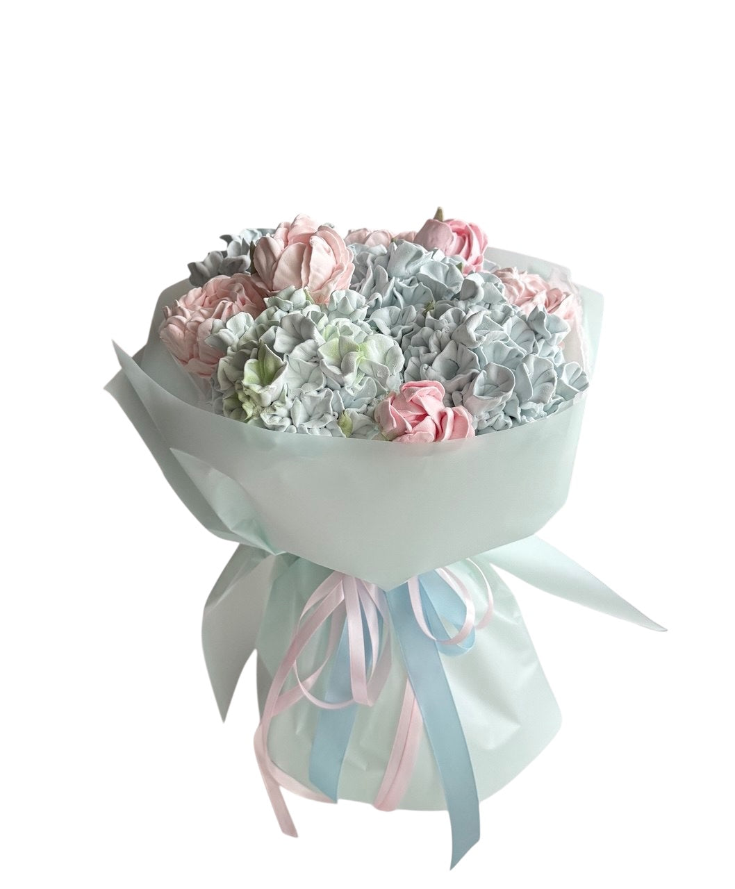 Buchet dulce din Flori de Marshmallow roz pal și albastru