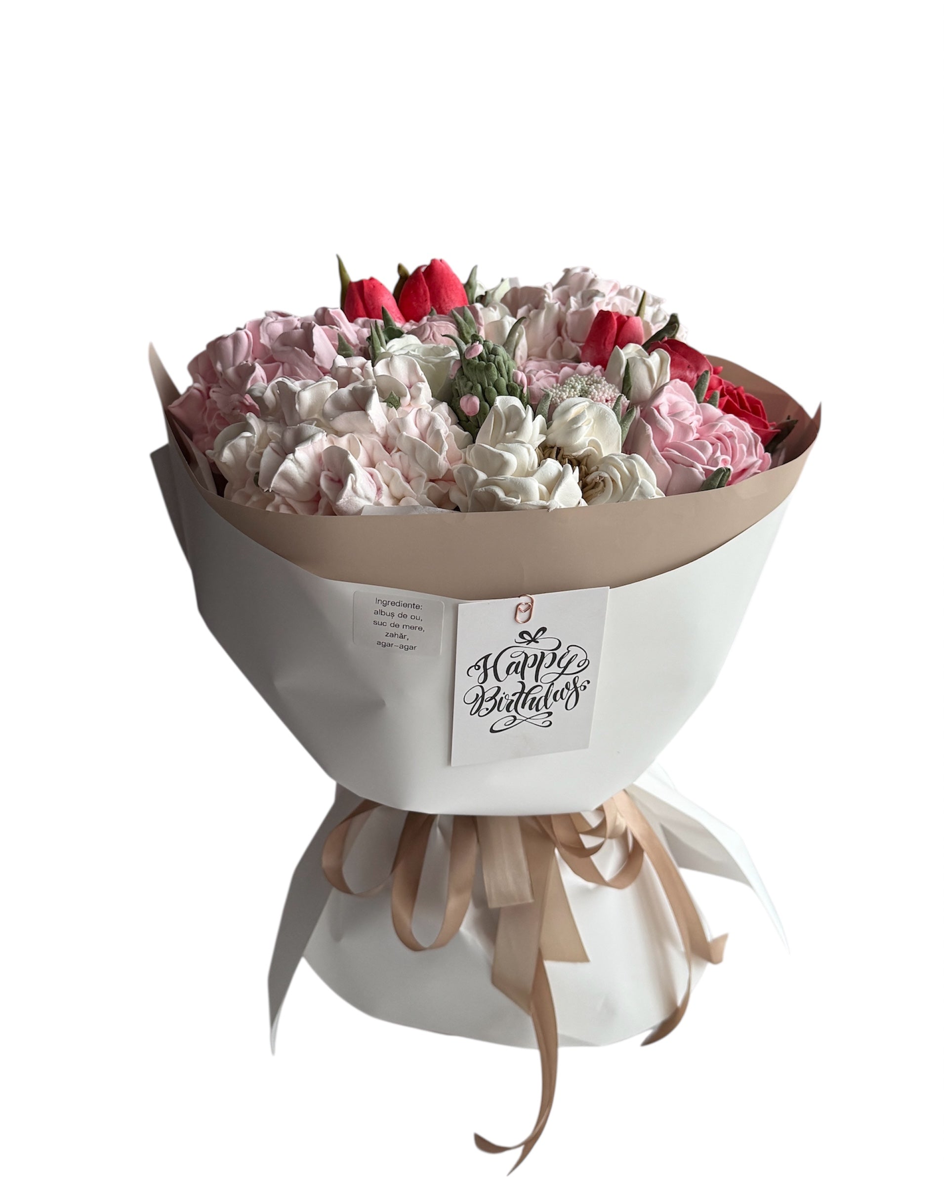 Buchet comestibil din flori de marshmallow – roz & alb cu accente roșii