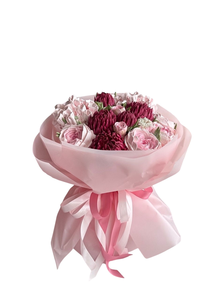 Buchet comestibil din flori de marshmallow – roz & bordo