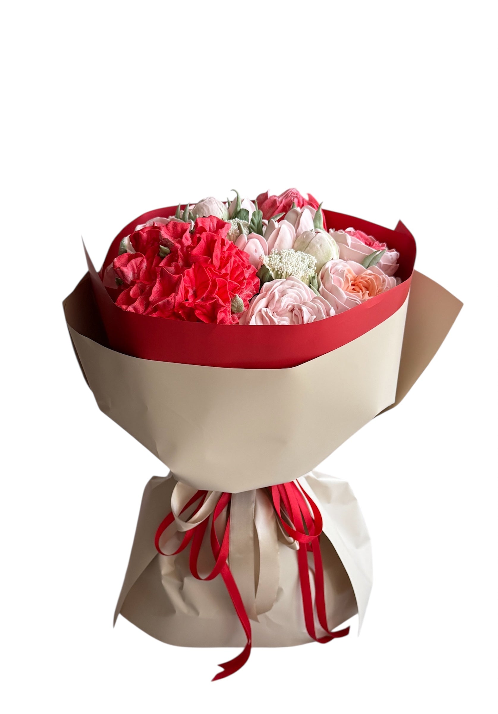 Buchet comestibil din flori de marshmallow – roșu & roz