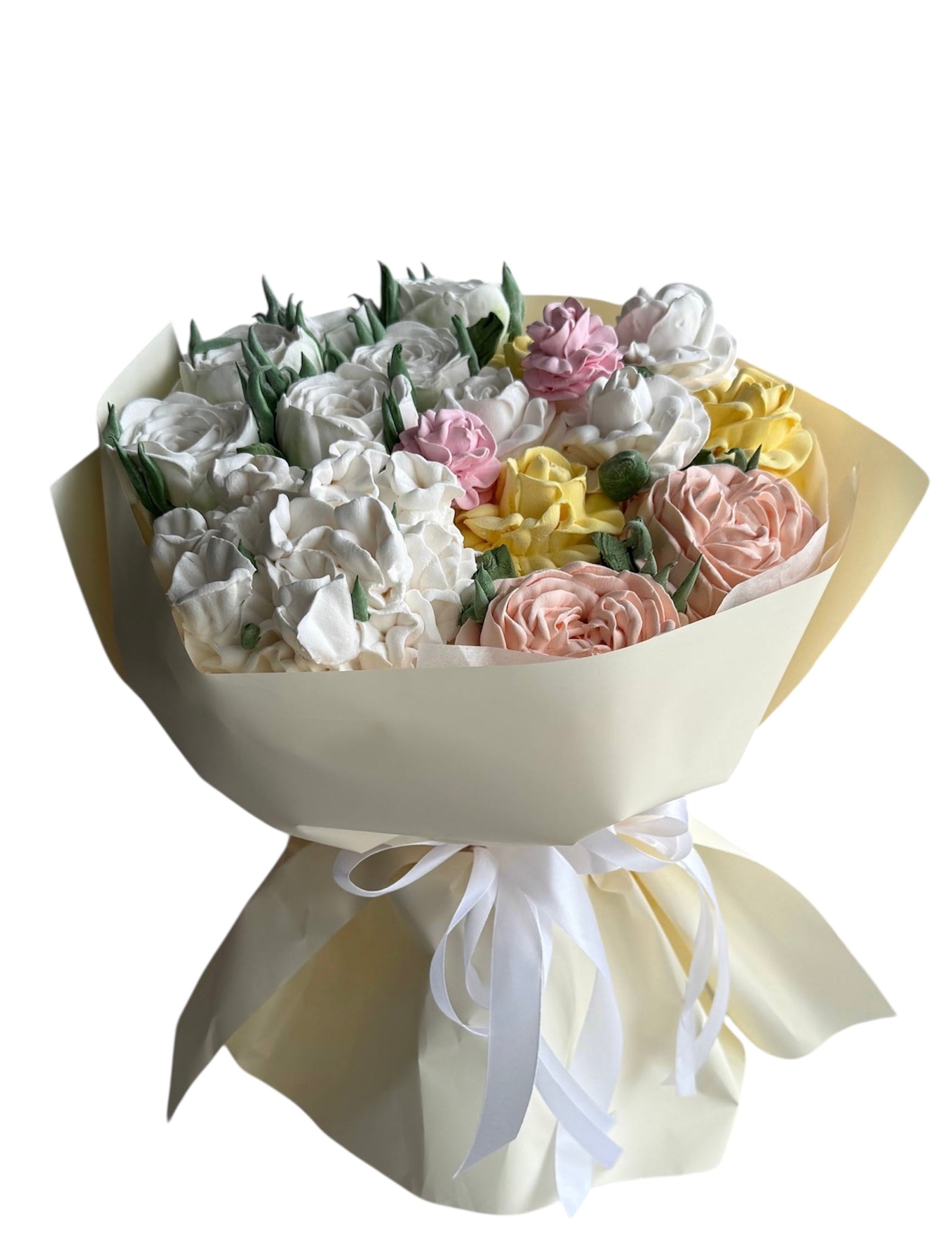 Buchet comestibil din marshmallow – hortensii & trandafiri, gust din suc de mere