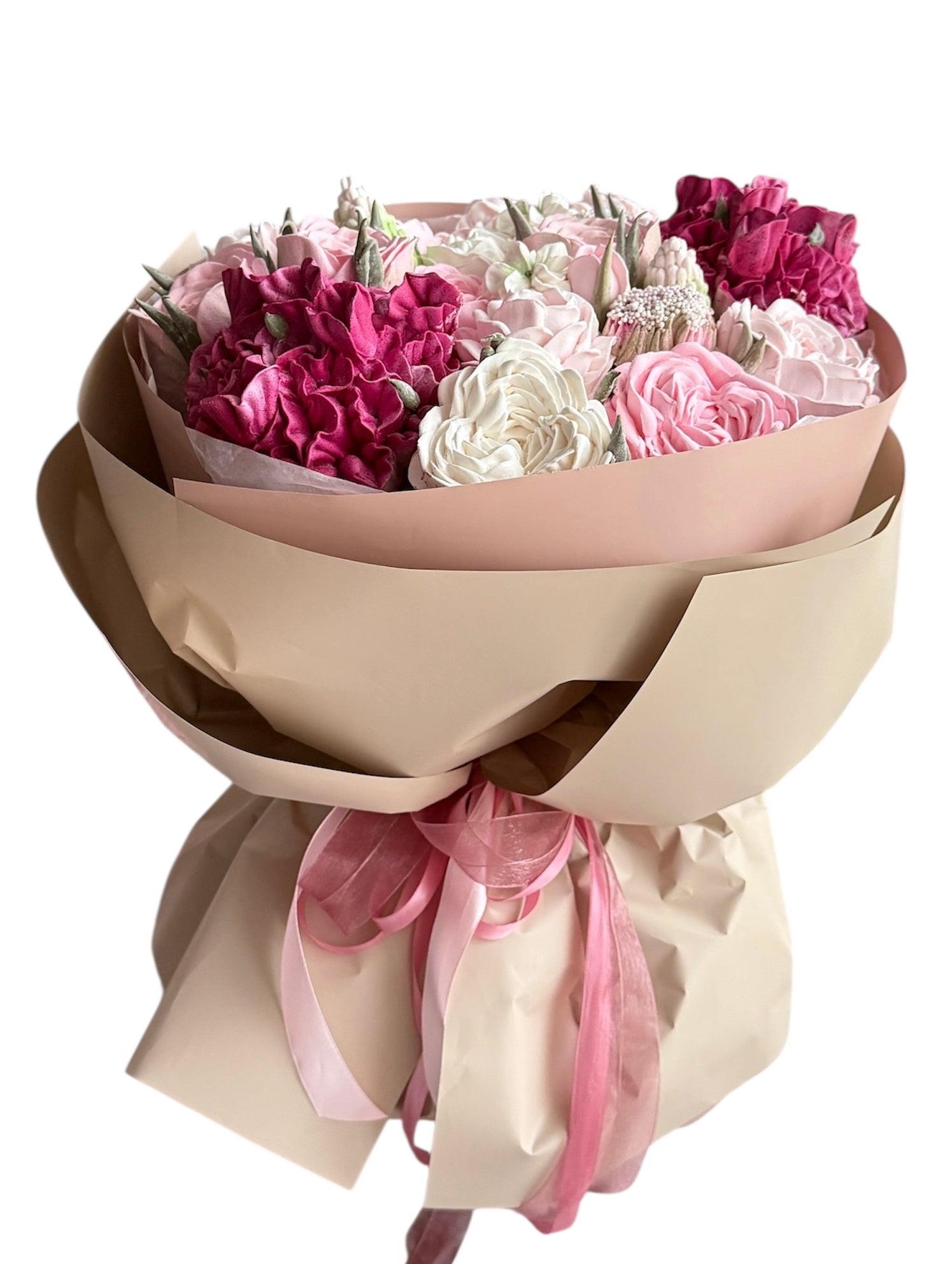 Buchet comestibil din marshmallow – hortensii & trandafiri, gust din suc de mere