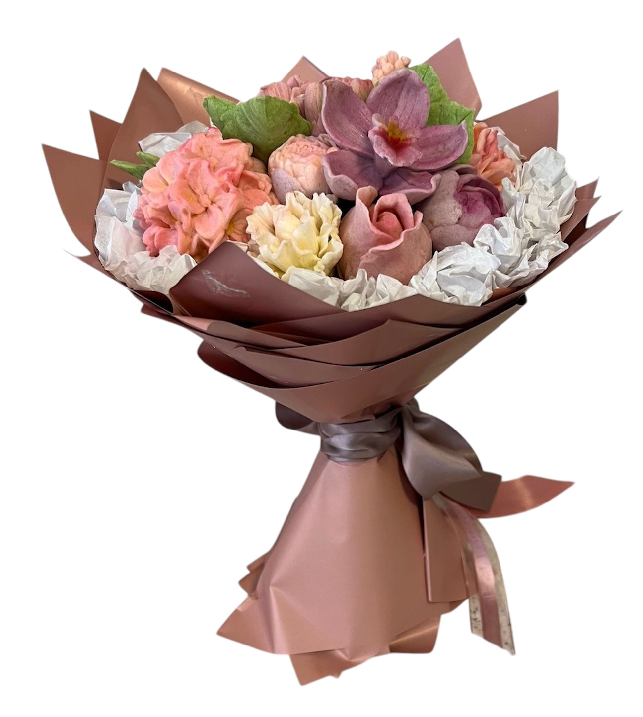 Buchet comestibil din marshmallow – trandafiri, hortensii și orhidee pastel