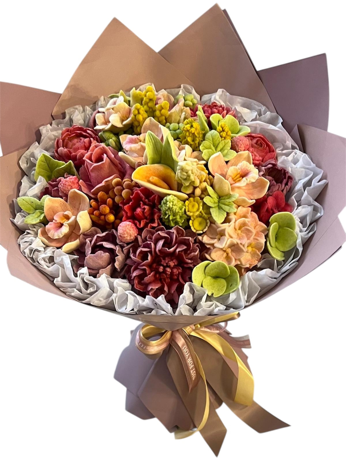 Buchet comestibil din marshmallow – flori în tonuri naturale & verde pastel