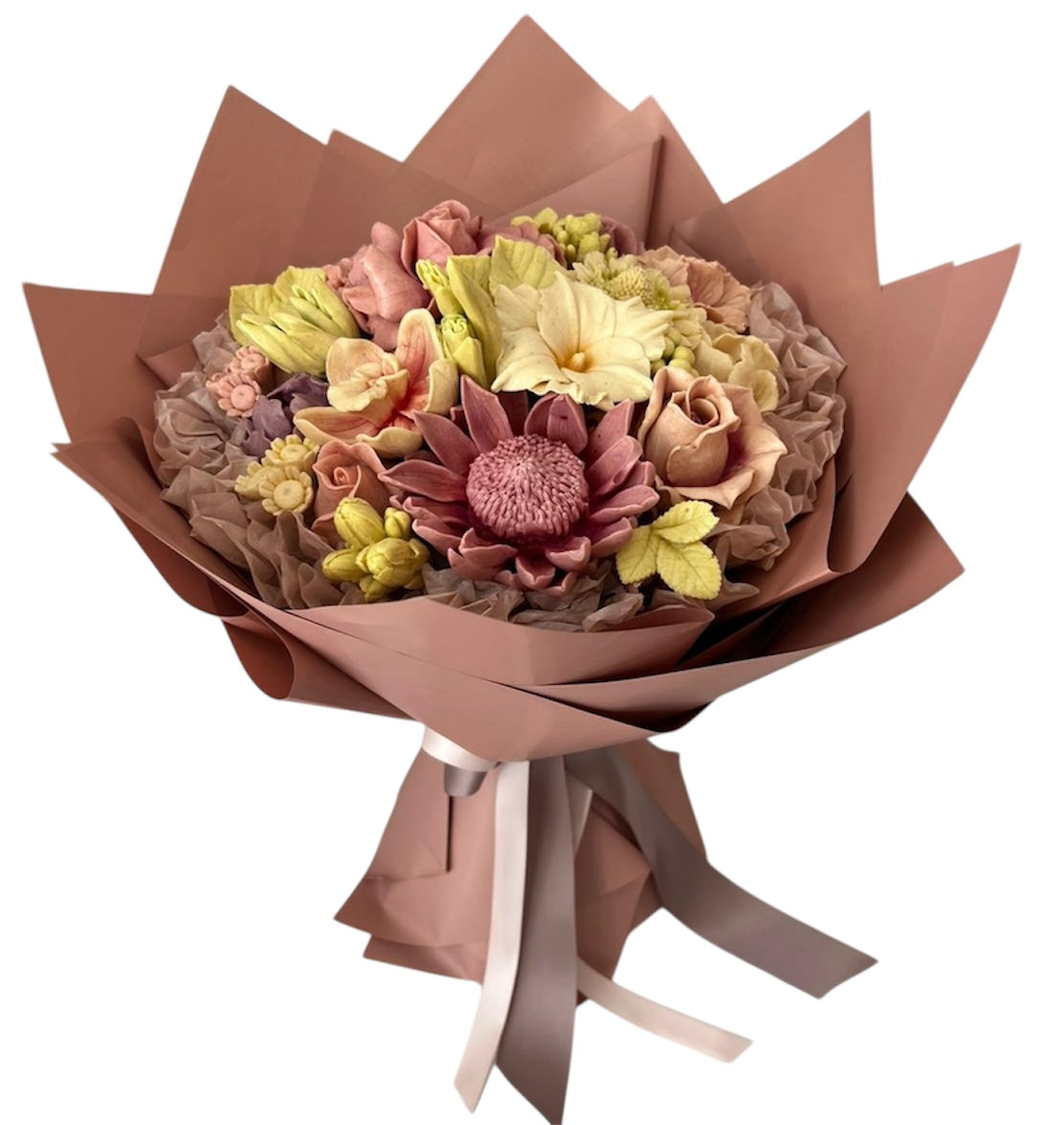 Buchet comestibil din marshmallow – tonuri calde de cappuccino & vanilie