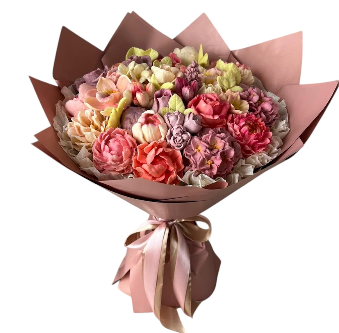 Buchet comestibil din marshmallow – flori pastel în nuanțe roz & piersică