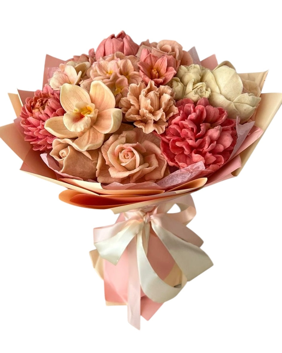 Buchet comestibil din marshmallow – trandafiri, flori decorative și orhidee pastel