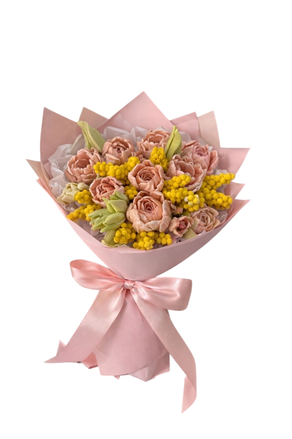 Buchet comestibil din marshmallow – trandafiri nude & accente galbene