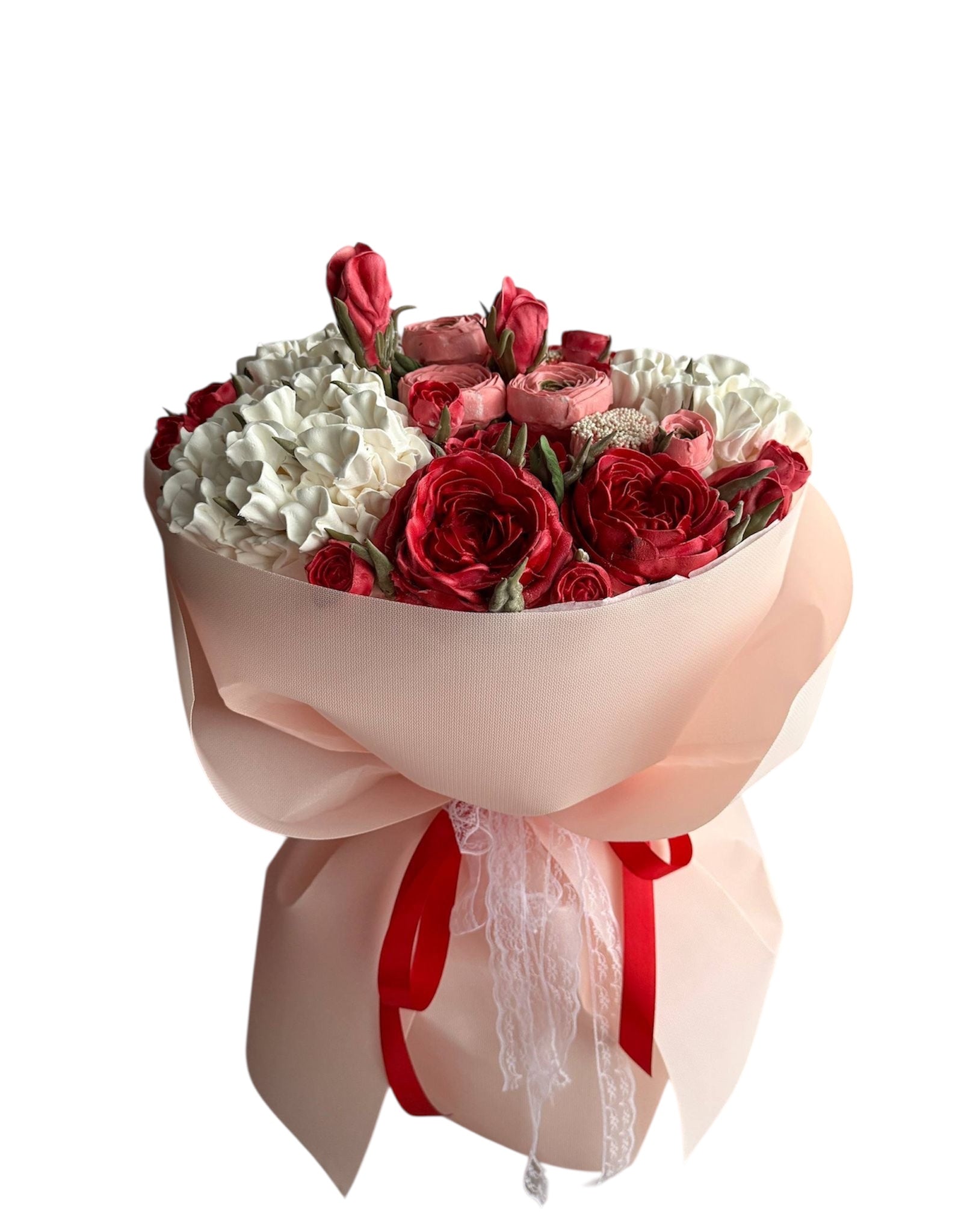 Buchet comestibil din marshmallow – roșu & alb elegant