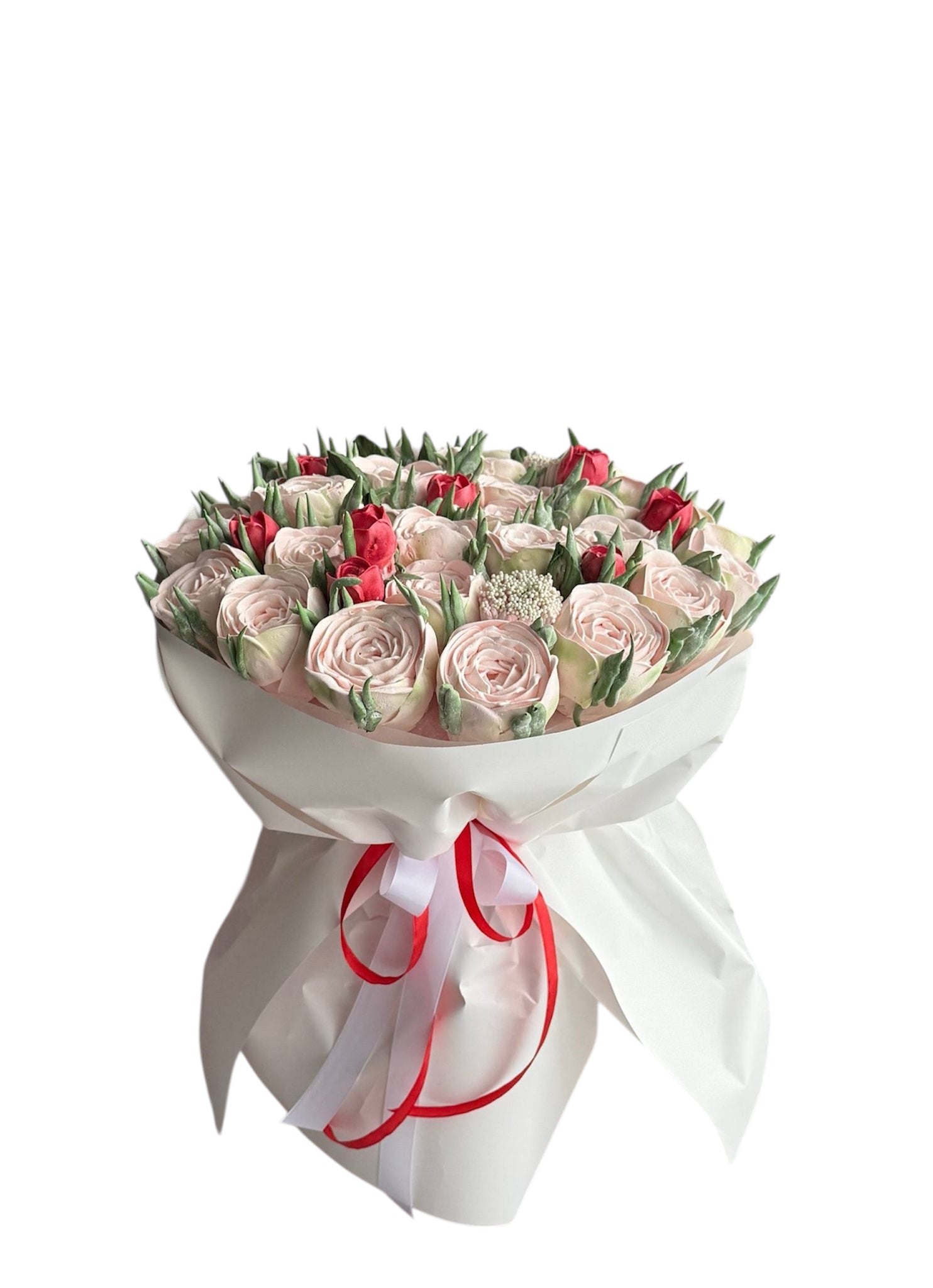 Buchet dulce din trandafiri de marshmallow roz și roșu