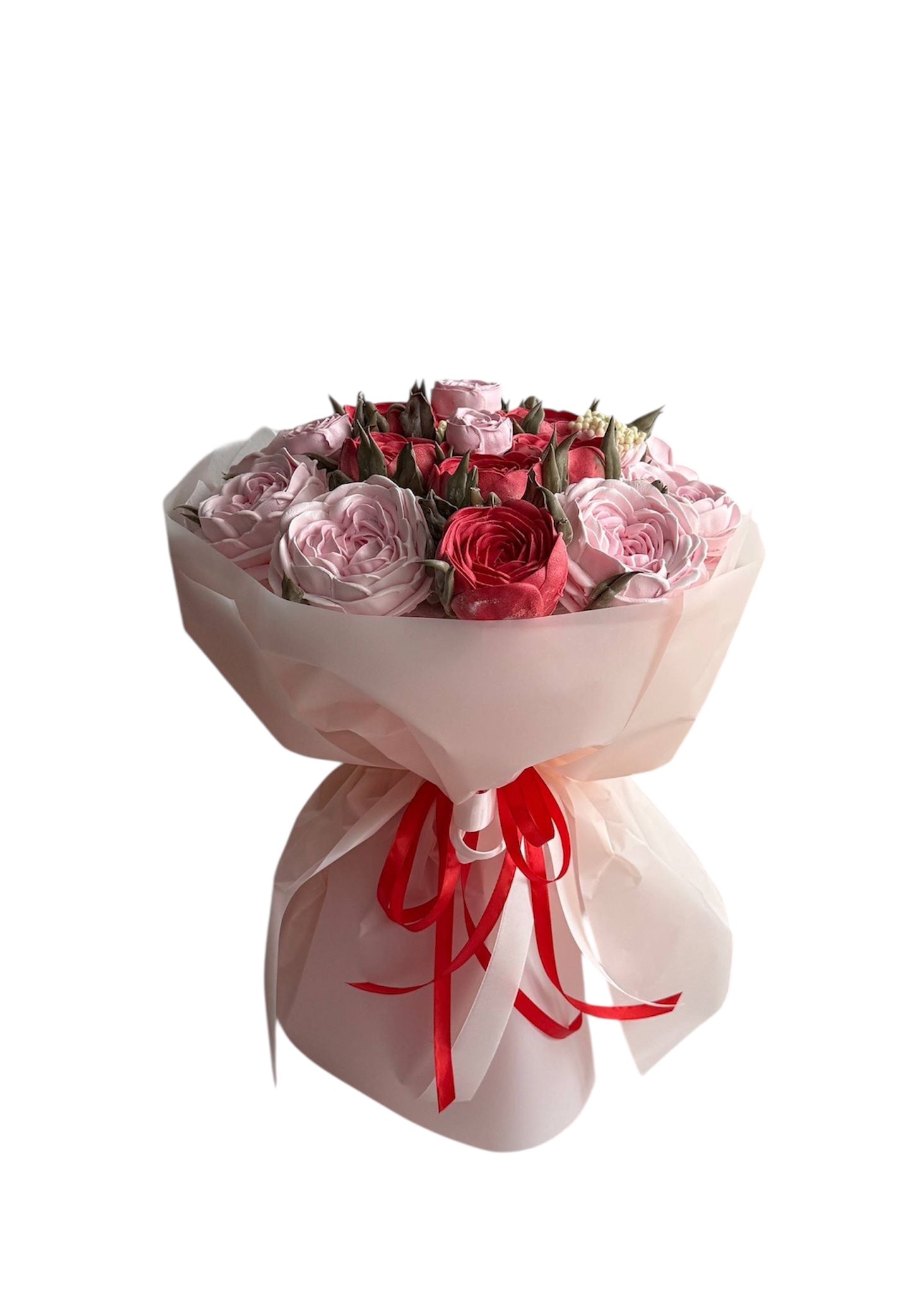 Buchet comestibil din marshmallow – roșu & roz elegant