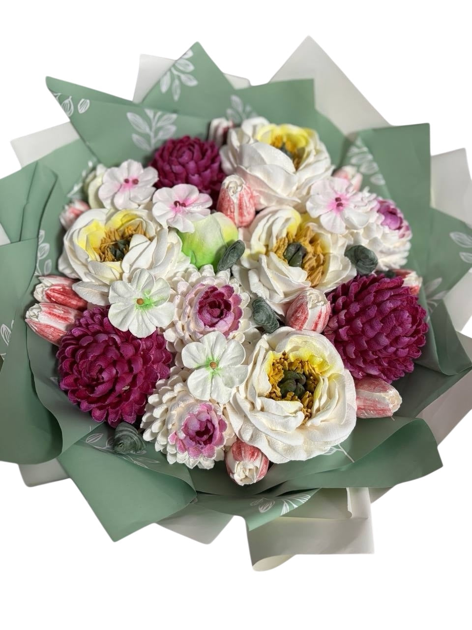 Buchet comestibil din marshmallow – flori albe & burgundy