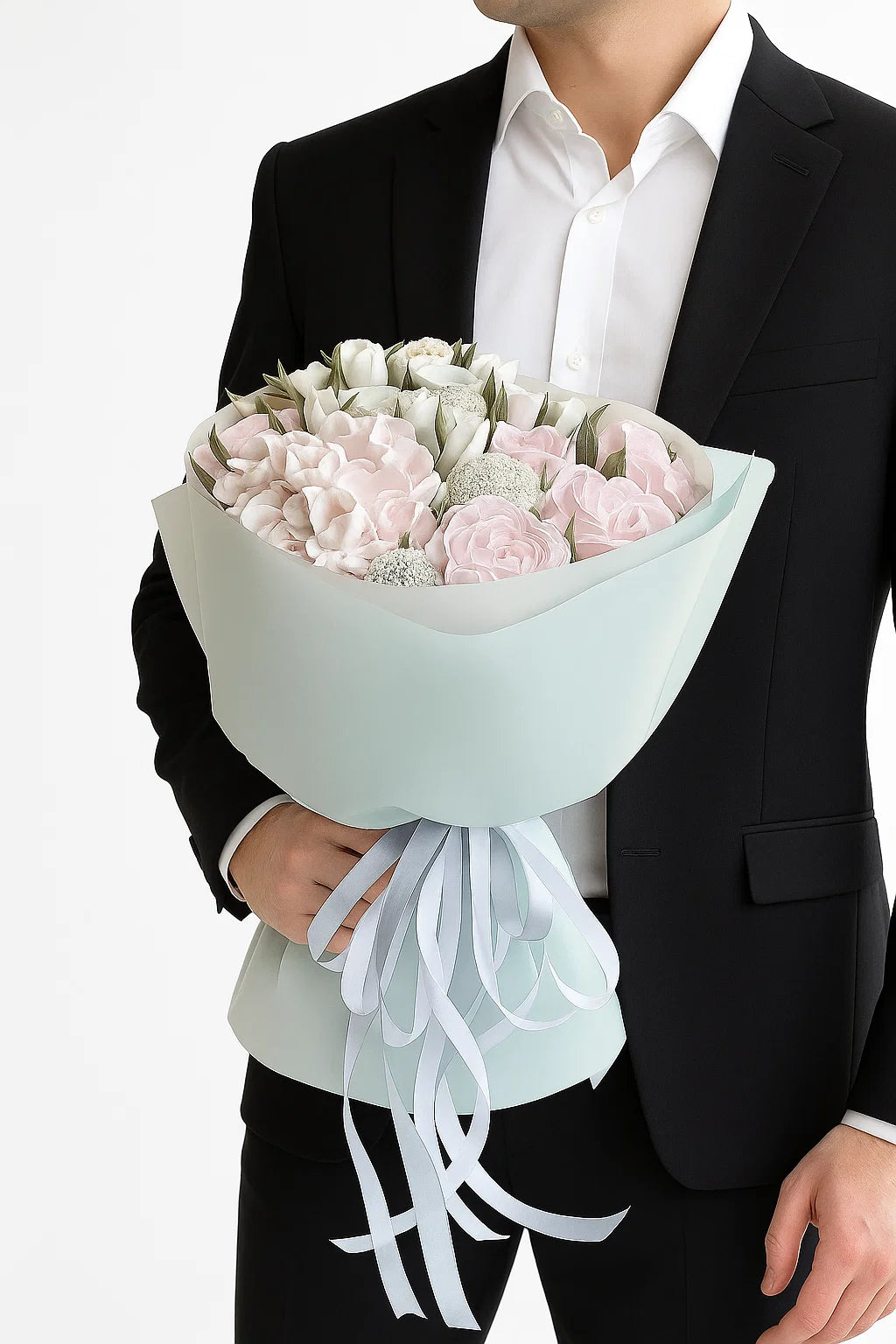 Buchet dulce din Flori de Marshmallow alb și roz pal