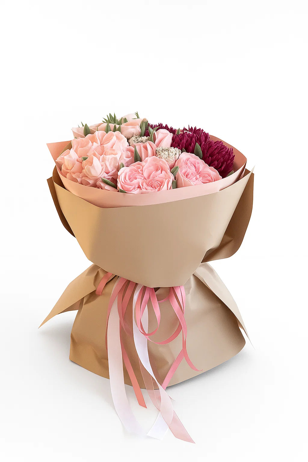 Buchet dulce din flori de marshmallow roz pal și burgundy