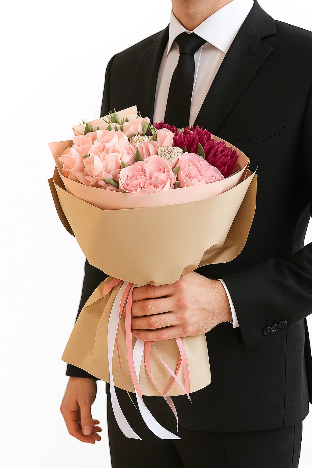 Buchet dulce din flori de marshmallow roz pal și burgundy